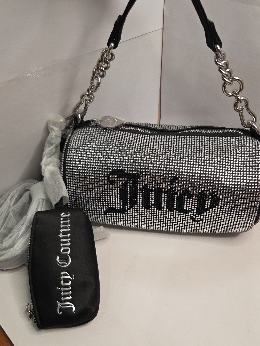 🩶▪️Juicy Couture Silver Black hazel Crystal Barrel Bag with Black Logo W/ Pouch